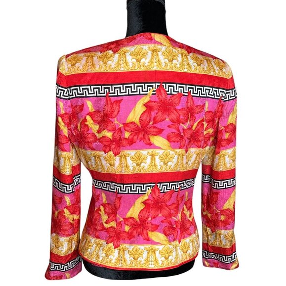 Vintage 100% Silk Floral Patterned Button Up Light Soft Jacket Vibrant Pink Gold - Picture 4 of 15